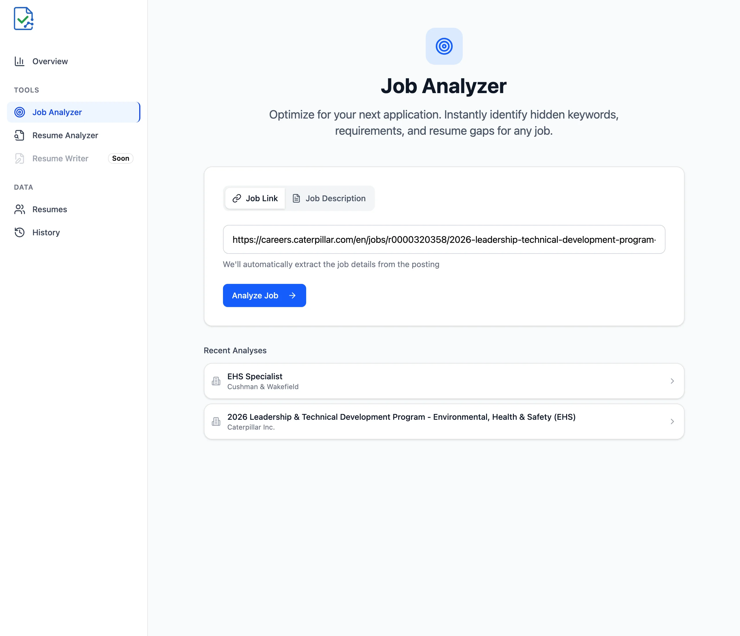 Job Analyzer input interface