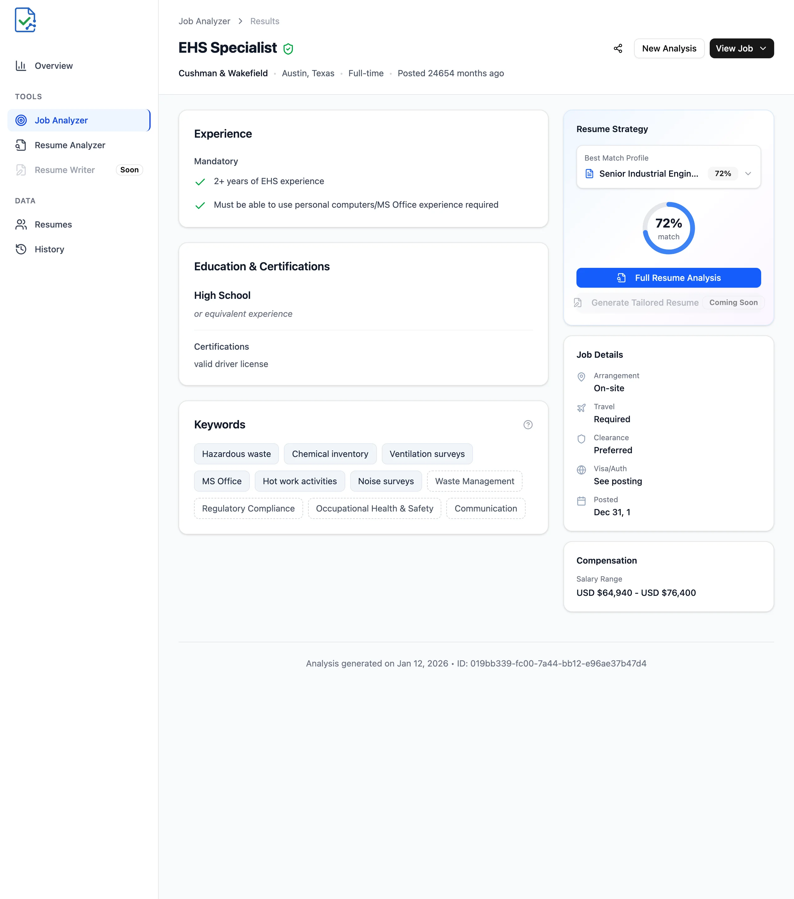 Job analysis results with 74% match score